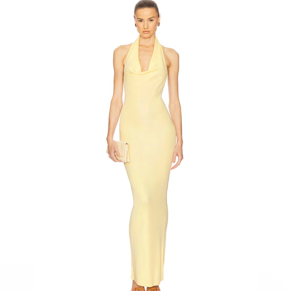 Helsa Elegant Halter Cowl Neck Maxi Dress in Pale Butter Yellow